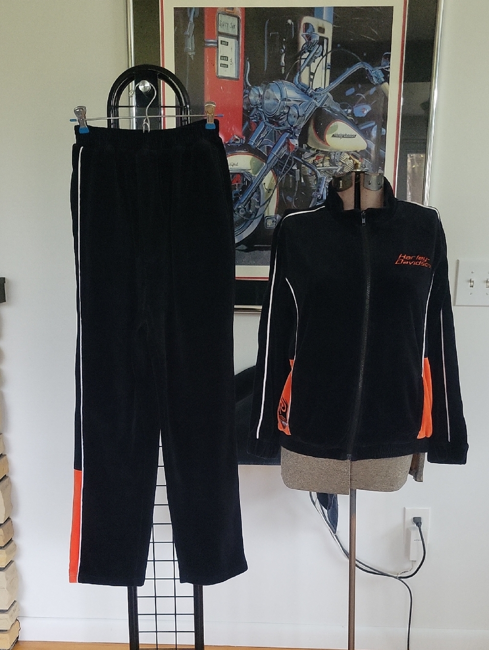 Harley-Davidson "Velour" Track Suit, Medium, Black/Orange/White, Vintage Y2K